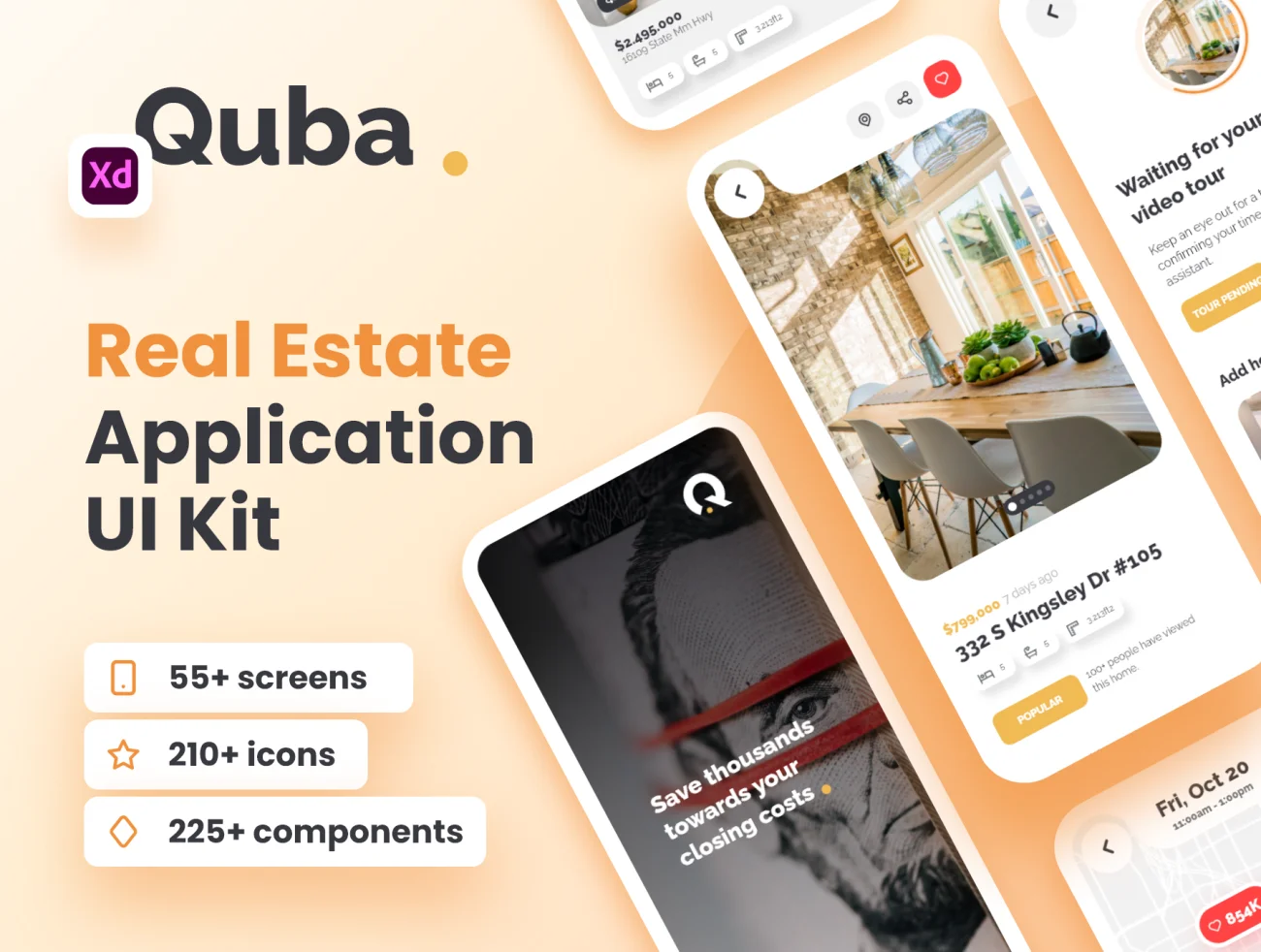 55屏新房二手房地产应用UI设计套件 Quba - Real Estate Application UI Kit for Adobe XD-UI/UX、ui套件、主页、介绍、列表、卡片式、地图、应用、注册、海报、表单、预订-到位啦UI