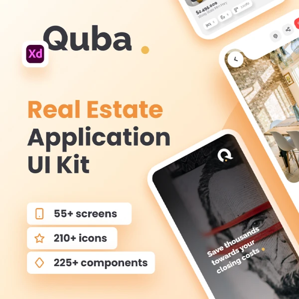 55屏新房二手房地产应用UI设计套件 Quba - Real Estate Application UI Kit for Adobe XD