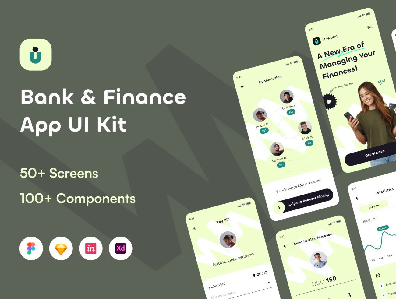 50屏银行金融理财应用UI套件 Uwang - Bank & Finance Apps UI KIT-UI/UX、ui套件、主页、付款、卡片式、图表、应用、支付、电子钱包、表单-到位啦UI