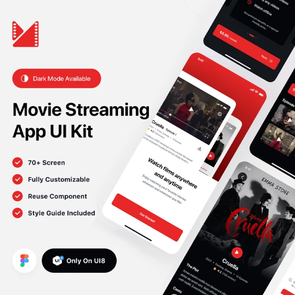 74屏流媒体视频应用设计套件 Watchme - Movie Streaming App UI Kit