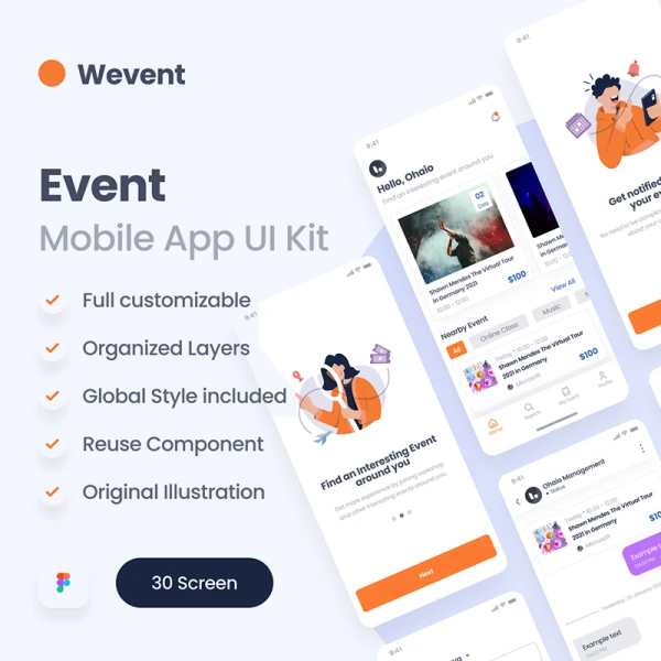 30屏活动场地预定应用UI套件 Wevent - Event Booking App UI Kit