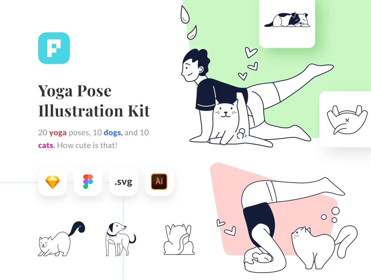 10场景瑜伽矢量插画素材合集 Yoga Pose Illustration Kit-人物插画、场景插画、学习生活、插画、插画风格、概念创意、线条手绘、趣味漫画-到位啦UI