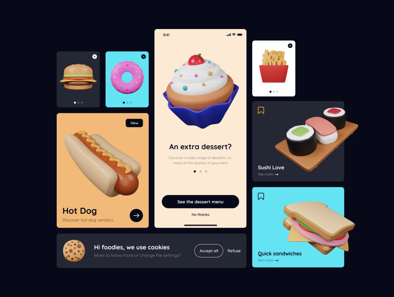 40款垃圾食品快餐汉堡薯条冰激凌3D图标素材包 Junk Food Pack - Customizable 3D Icons-3D/图标-到位啦UI