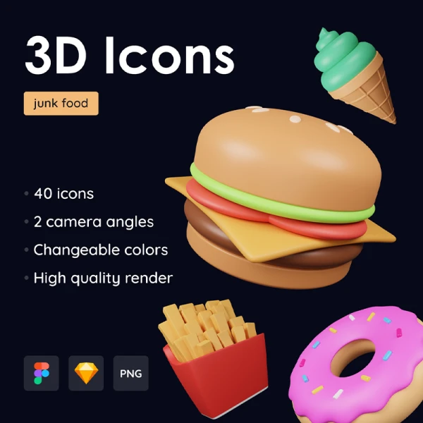 40款垃圾食品快餐汉堡薯条冰激凌3D图标素材包 Junk Food Pack - Customizable 3D Icons
