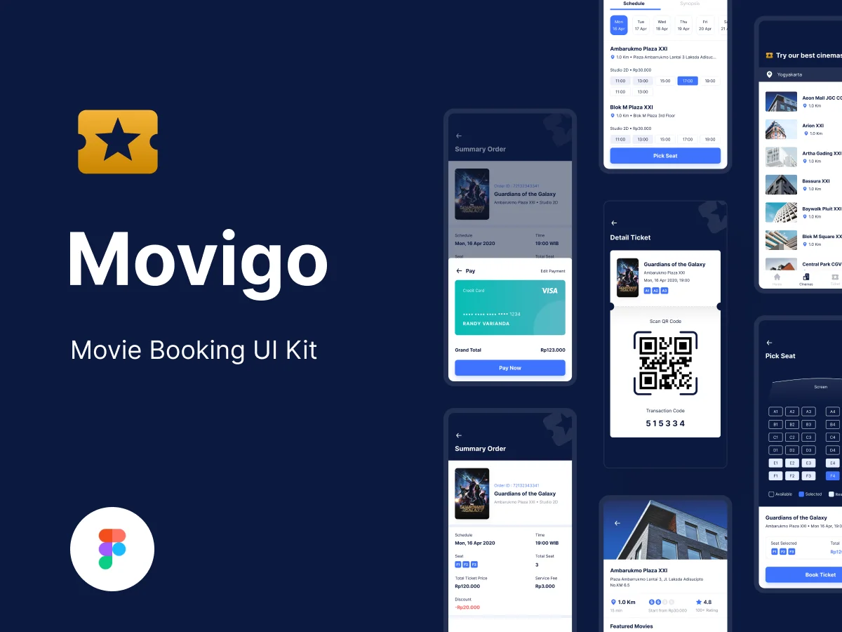 Movigo 电影购票app ui素材下载-UI/UX、ui套件、主页、付款、图表、应用、播放器、预订-到位啦UI