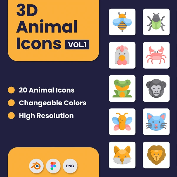 3D动物图标20款素材下载 3D Animal Icons .blender .figma .png