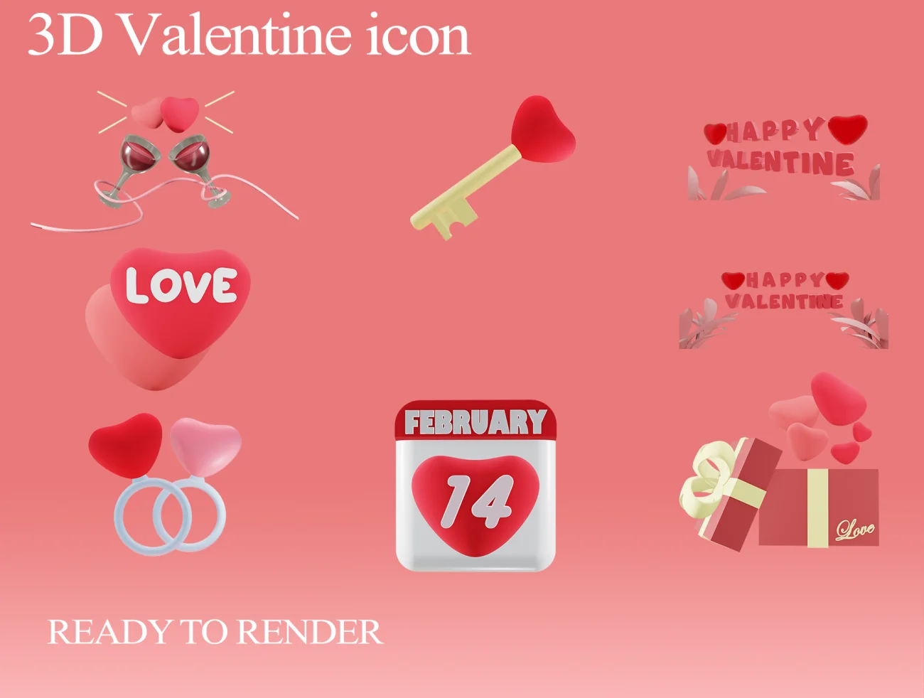 3D情人节图标素材下载 3D Valentine Icon .blender .png插图1