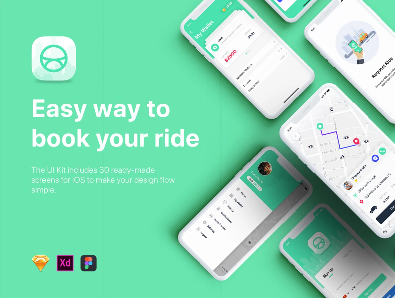 打车出行应用30屏UI设计套件素材下载 Aber Taxi mobile UI Kit .sketch .xd .figma-UI/UX、ui套件、主页、出行、地图-到位啦UI