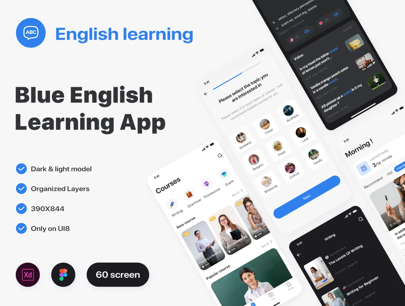 蓝色英语学习应用60屏应用素材下载 Blue english learning app .xd .figma-UI/UX、ui套件、主页、介绍、列表、卡片式、应用、播放器、海报、详情-到位啦UI