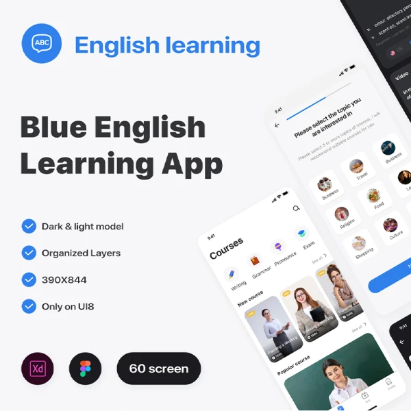蓝色英语学习应用60屏应用素材下载 Blue english learning app .xd .figma