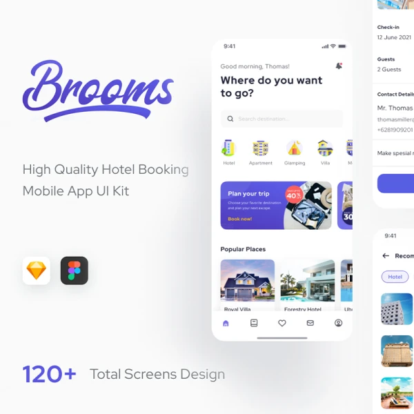 120屏民宿酒店预定应用UI设计套件素材下载 Broom - Hotel Airbnb Guesthouse Booking Mobile App UI Kit .sketch .figma