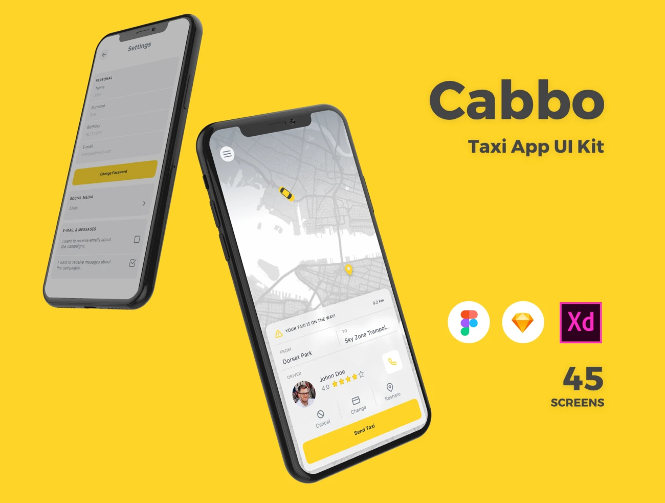 45屏打车应用手机套件素材下载 Cabbo – Taxi Ui Kit Mobile App .sketch .xd .figma插图1
