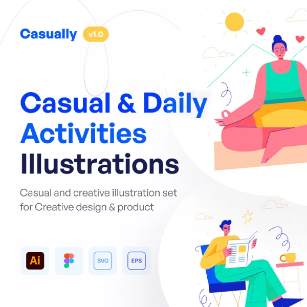日常休闲居家12款插画设计素材下载 Casually - Casual & Daily Activities Illustration Set .ai .figma