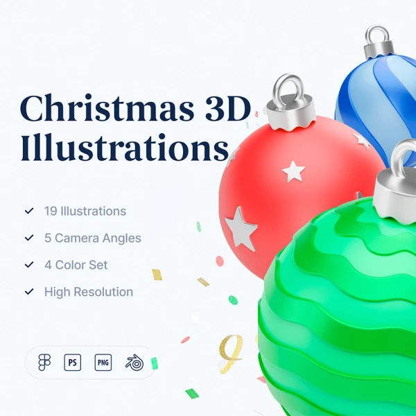 19款圣诞节3D图标合集素材下载 Christmas 3D Illustrations .blender .psd .figma