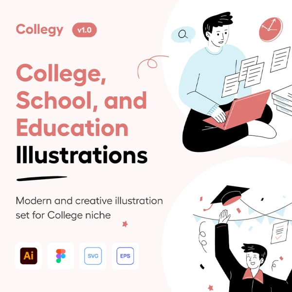 12款学校教育科学矢量插图素材下载 Collegy - College & Education Illustration Set .ai .figma
