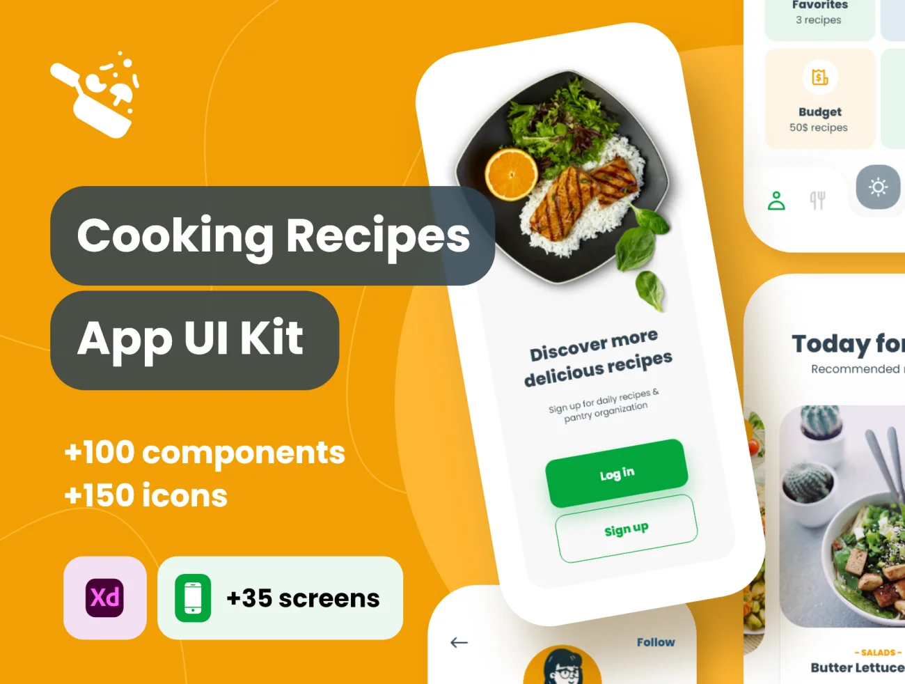 35屏美食食谱分享食材在线采购应用设计素材下载 Cooki UI Kit design for Adobe XD .xd插图1