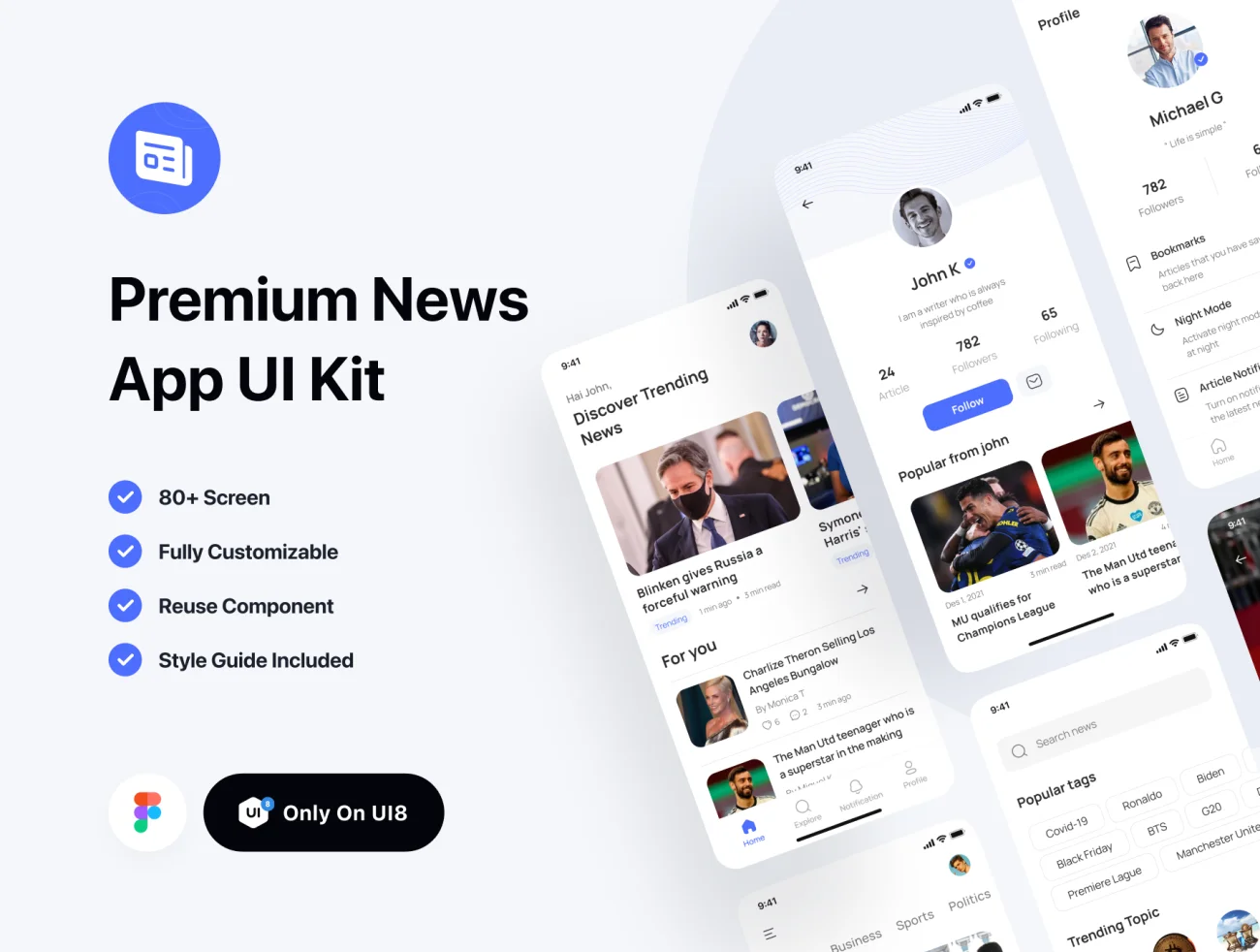 80屏新闻应用设计套件素材下载 Daily – Premium News App UI Kit .figma插图1