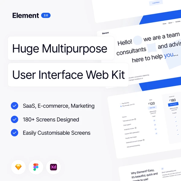180屏SaaS营销电子商务网页UI模板素材下载 Element - UI Web Kit .sketch .xd .figma