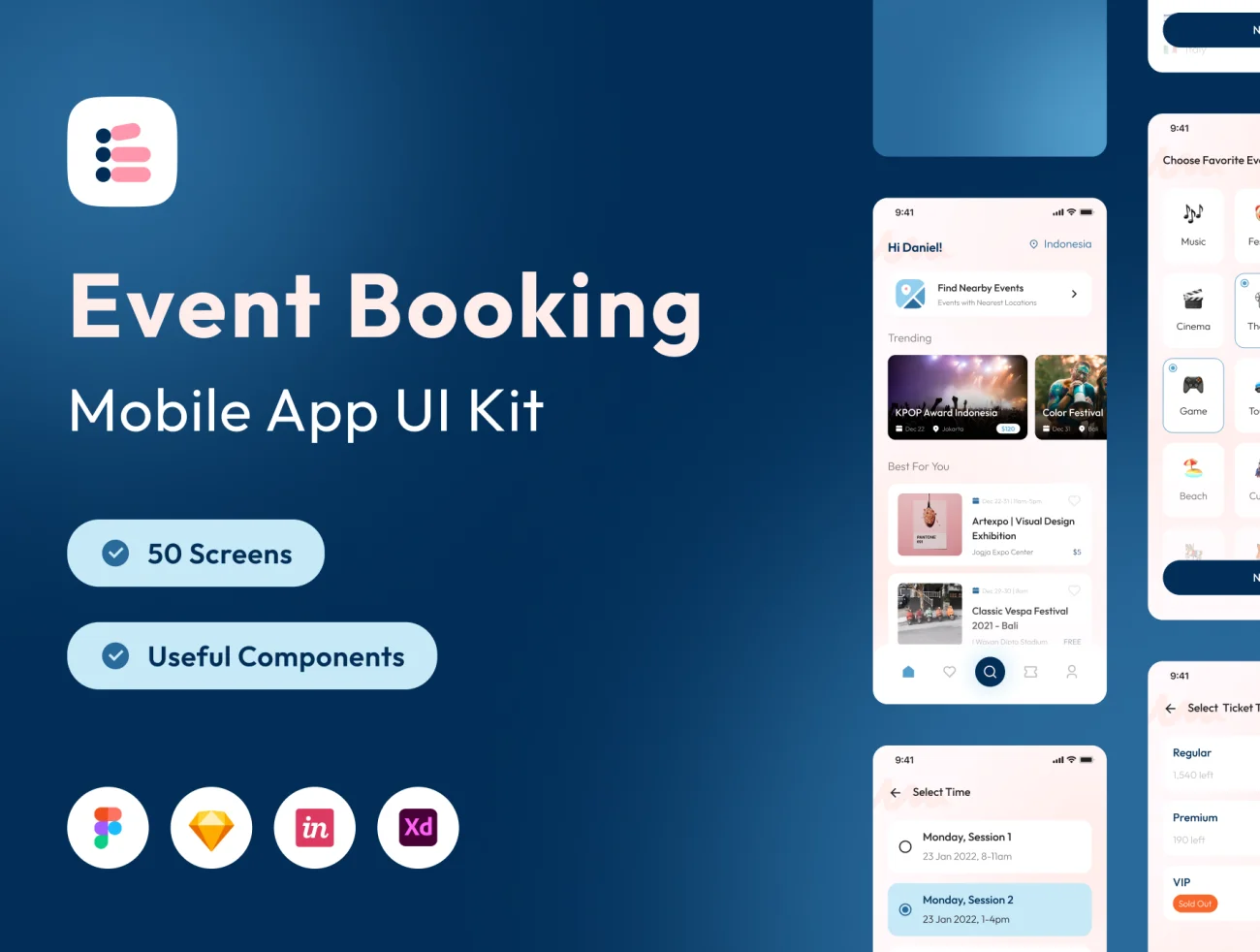 50屏演唱会会议线下活动预约应用素材下载 Evento – Event Booking Apps UI KIT .sketch .figma .xd .invision studio插图1