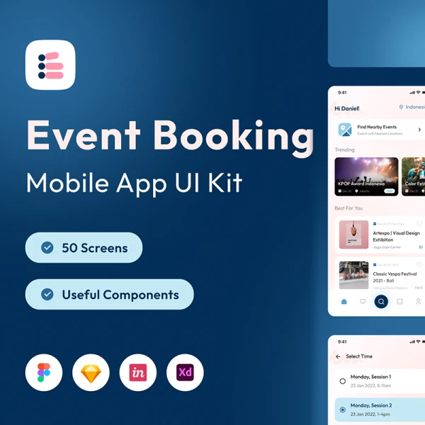 50屏演唱会会议线下活动预约应用素材下载 Evento - Event Booking Apps UI KIT .sketch .figma .xd .invision studio
