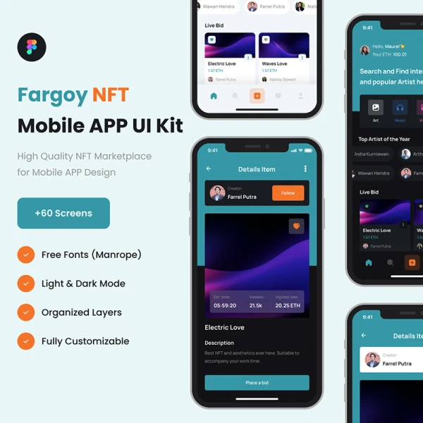 60屏NFT交易平台应用UI套件下载 Fargoy - NFT Marketplace UI Kits for mobile .figma