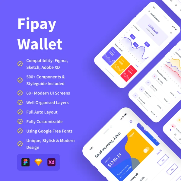 电子钱包金融理财手机应用UI套件素材下载 Fipay Wallet Mobile App UI Kit .sketch .xd .figma