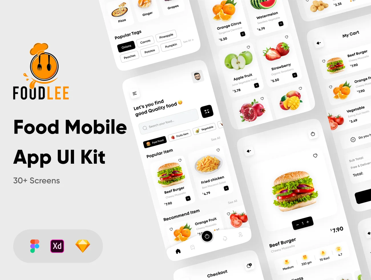 30屏外卖点餐应用设计套件素材下载 Foodlee – Food Mobile App UI Kit .sketch .xd .figma插图1