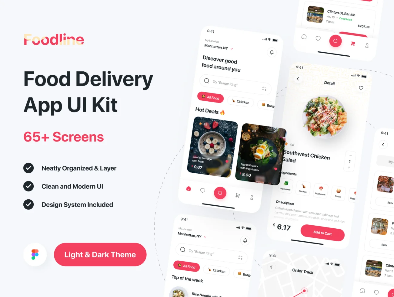 65屏外卖食品配送应用设计套件素材下载 Foodline – Food Delivery App UI Kit .figma插图1