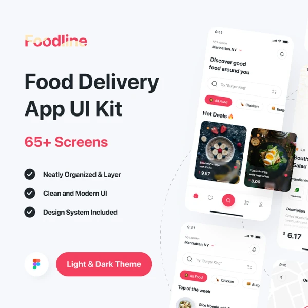 65屏外卖食品配送应用设计套件素材下载 Foodline - Food Delivery App UI Kit .figma