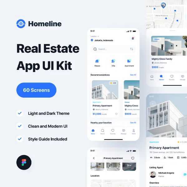60屏地产销售房屋租赁应用设计套件素材下载 Homeline - Real Estate & Rent House App UI Kit .figma