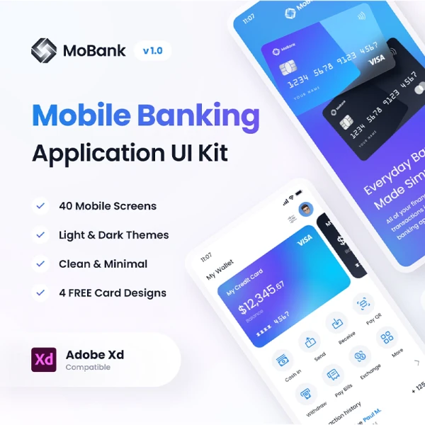 40屏手机银行应用设计套件下载 MoBank - Banking App UI Kit .xd