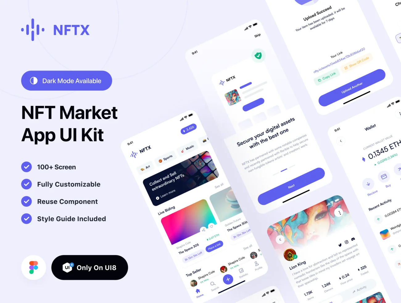 100屏NFT虚拟版权交易平台应用UI设计套件素材下载 NFTX - NFT Market App UI Kit .figma-UI/UX、ui套件、主页、介绍、应用、电子钱包、网购、表单、详情-到位啦UI