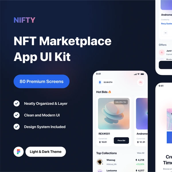 80屏NFT虚拟版权交易平台应用UI套件下载 Nifty - NFT Marketplace App UI Kit .figma
