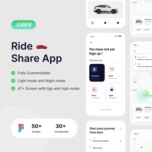 50屏共享汽车租车骑行应用设计套件素材下载 Rider ios kit .figma