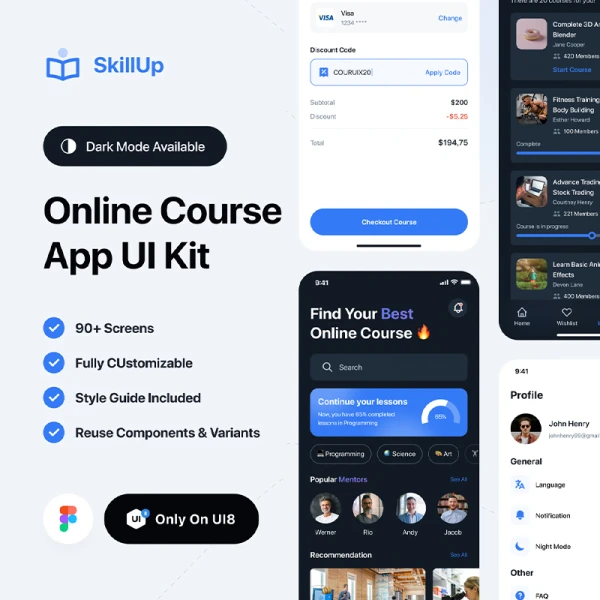 96屏在线学习应用UI套件下载 SkillUp - Online Course App UI Kit .figma