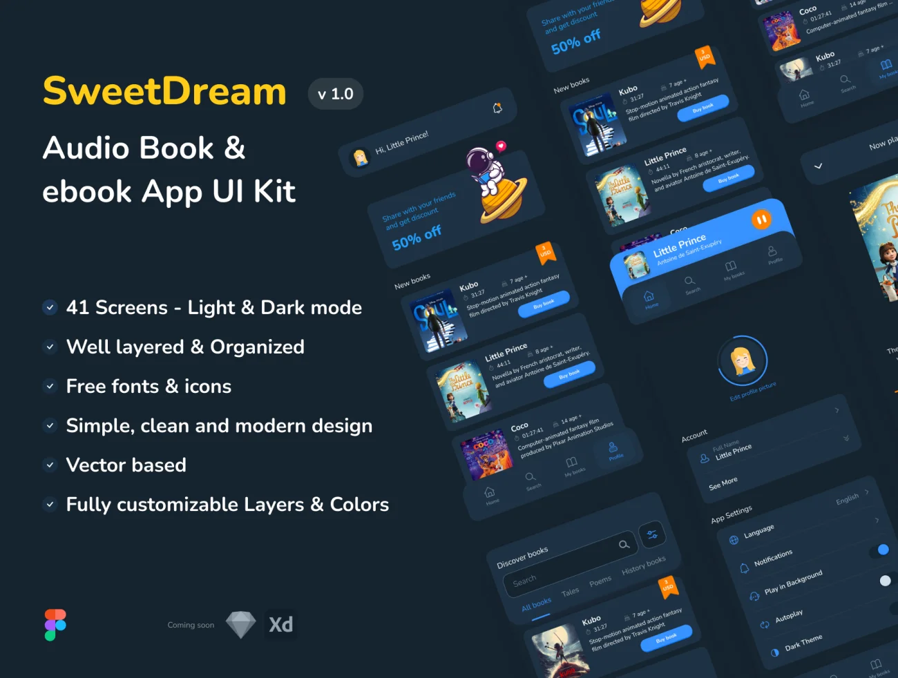42屏有声电子书应用设计套件下载 Sweet Dream – Audio Book & ebook App UI Kit .figma插图1