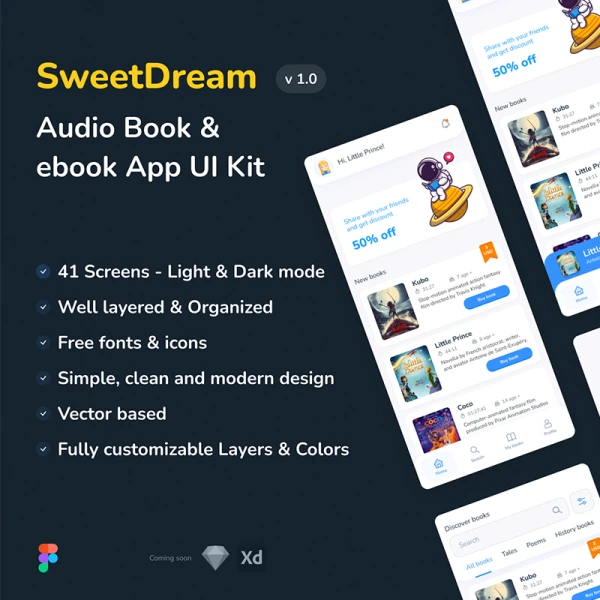 42屏有声电子书应用设计套件下载 Sweet Dream - Audio Book & ebook App UI Kit .figma