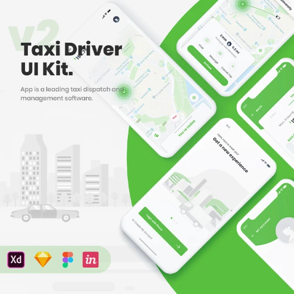 80屏出租车应用设计套件下载 Taxi Driver App UI Kit .sketch .xd .figma