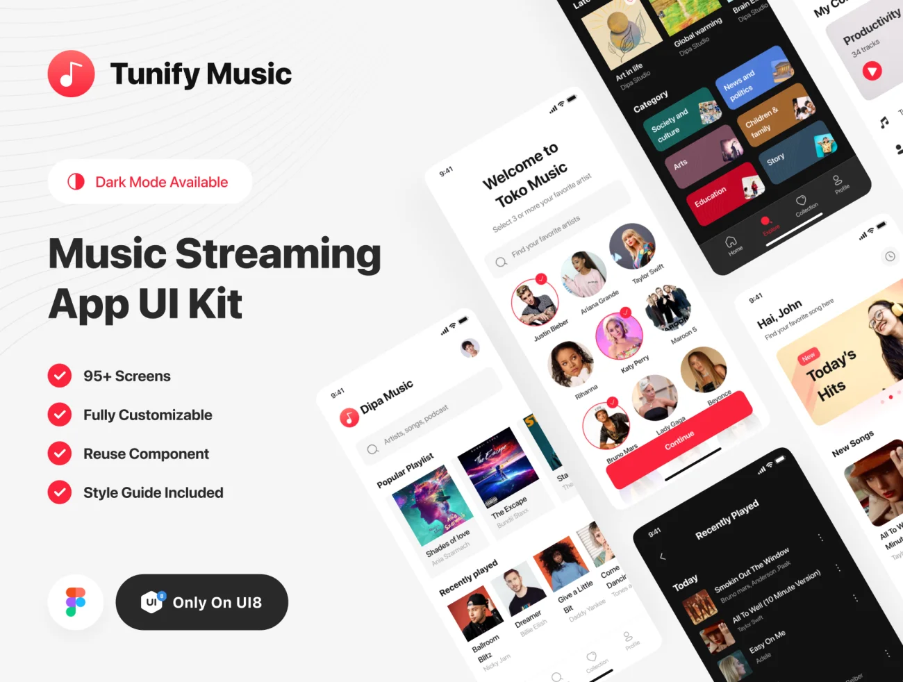 95屏流媒体音乐播放器应用设计套件 Tunify – Music Streaming App UI Kit .figma插图1