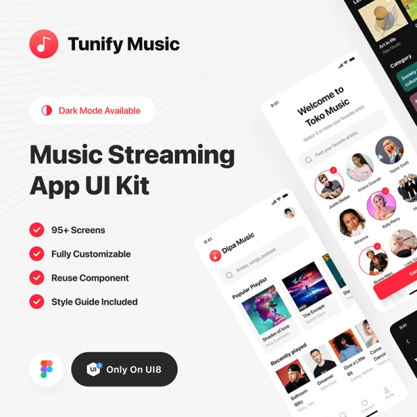 95屏流媒体音乐播放器应用设计套件 Tunify - Music Streaming App UI Kit .figma