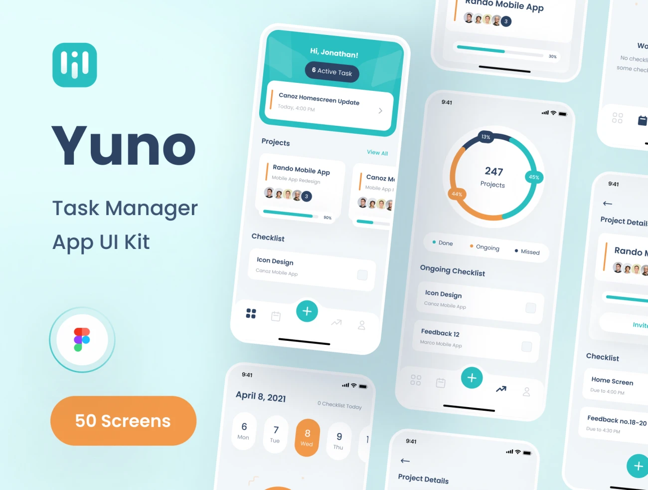 50屏高质量任务清单管理应用设计套件 Yuno – Task Manager App UI Kit .figma插图1