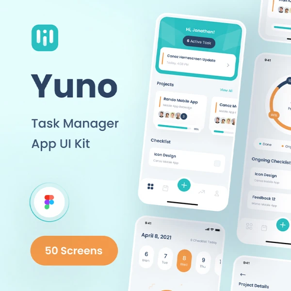 50屏高质量任务清单管理应用设计套件 Yuno - Task Manager App UI Kit .figma