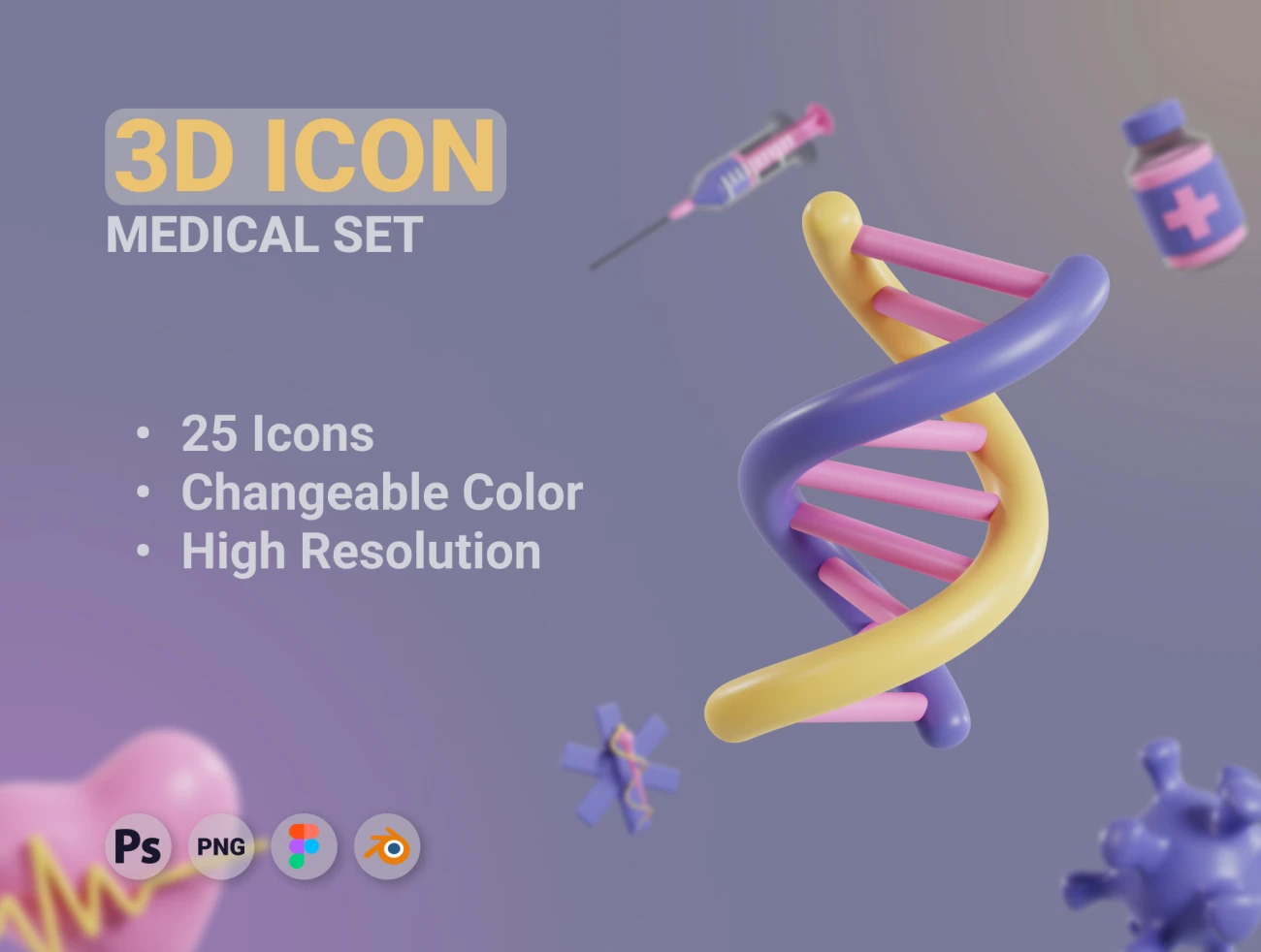 25款3D医疗图标素材模型 3D Medical Icons set .blender .psd .figma-3D/图标、教育医疗-到位啦UI
