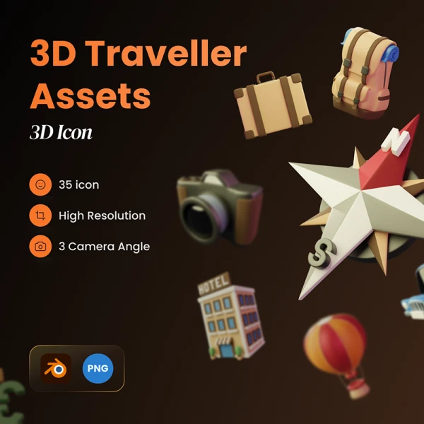 35款旅行3D模型图标素材 3D Traveller Assets .blender .psd .figma