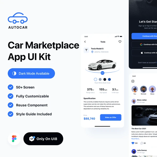 50屏汽车电商销售应用UI套件 Autocar - Car Marketplace App UI Kit .figma