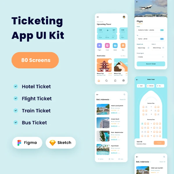 80屏机票预订酒店车票订票应用UI设计套件 Booking Ticketing Flight, Hotel, Train, Bus App UI Kit .sketch .figma