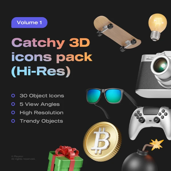 30款3D常用物体表情包模型 Catchy 3D icons pack Volume 1 .psd