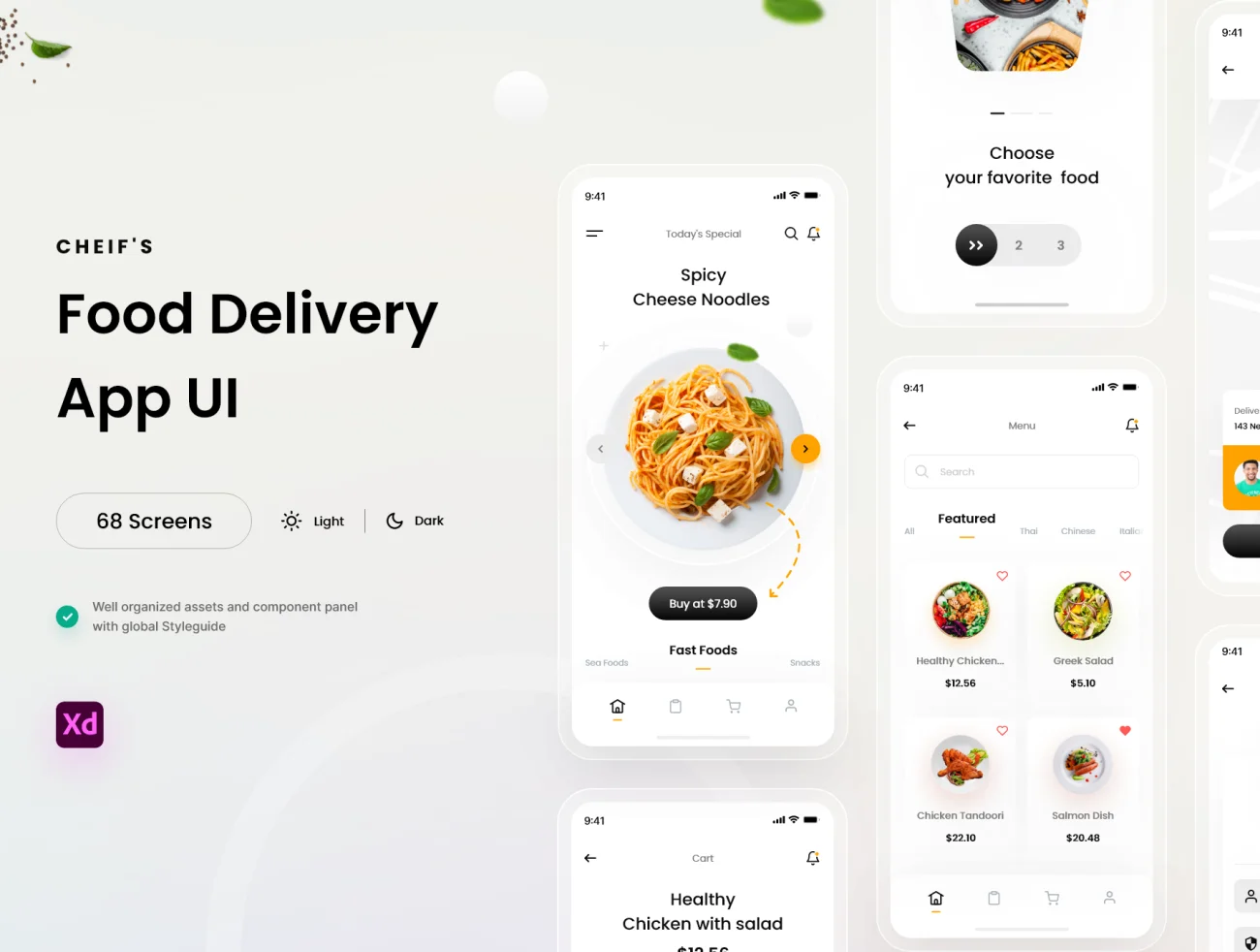 68屏简洁外卖点餐送餐应用设计套件 Chiefs Food App UI Kit .xd插图1