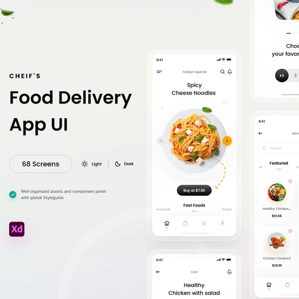 68屏简洁外卖点餐送餐应用设计套件 Chiefs Food App UI Kit .xd