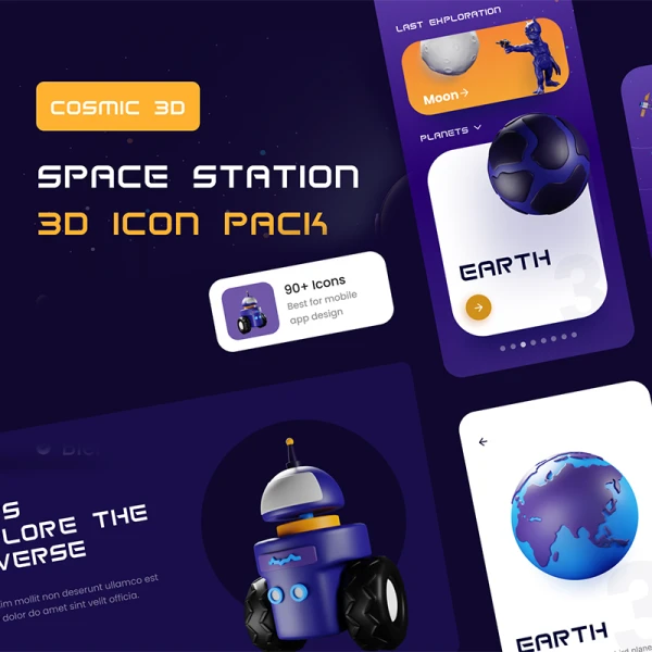 90款3D宇宙空间站3D图标素材下载 Cosmic 3D Space Station 3D Icon Pack .blender .figma